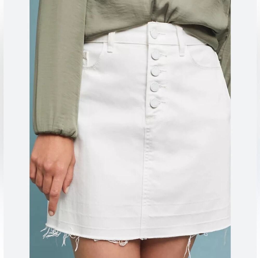 Paige Denim Aideen Skirt SZ 30 White Jean Cotton Lyocell Distress Raw Hem Button